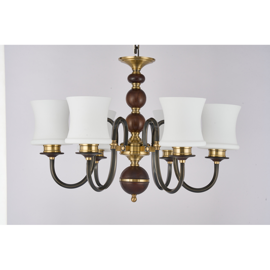 Ebonelle Opal Glass, Blackened Brass and Ash Wood Chandelier