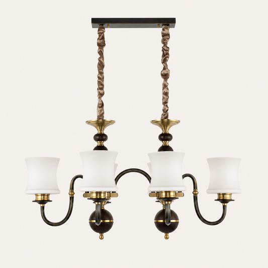 Ebonelle Opal Glass, Blackened Brass and Ash Wood Linear Chandelier