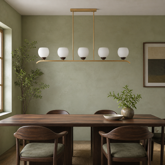 Avelune Opal Globe, Copper and Ash Wood Linear Chandelier