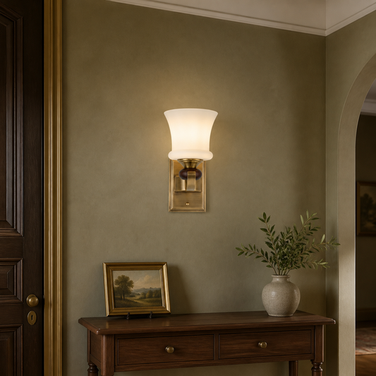 Brontelle Opal Glass, Antique Brass and Ash Wood Wall Sconce
