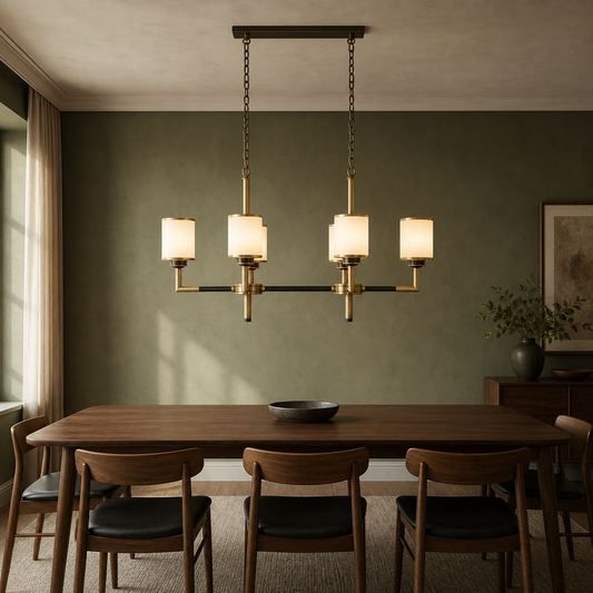 Orseline Opal Glass, Brass and Ash Wood Linear Chandelier