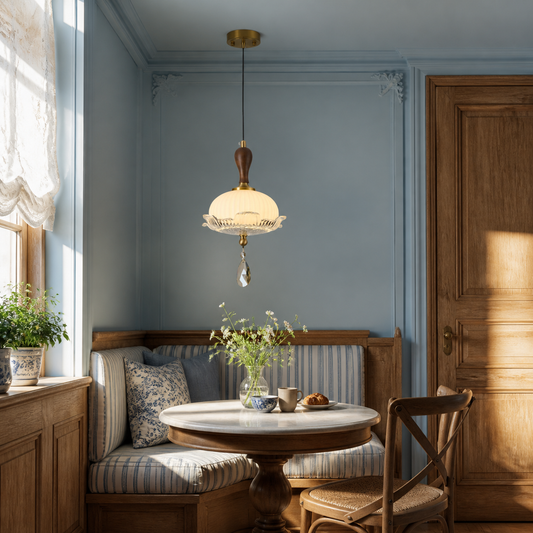 Valloren Ribbed Glass and Walnut Pendant Light