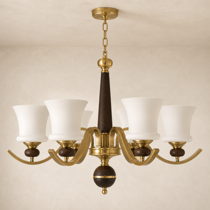 Brontelle Opal Glass, Antique Brass and Ash Wood Chandelier