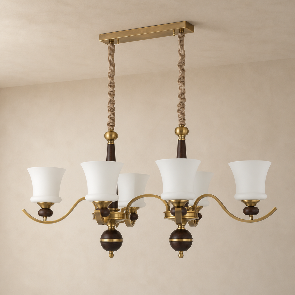 
Brontelle Opal Glass, Antique Brass and Ash Wood Linear Chandelier