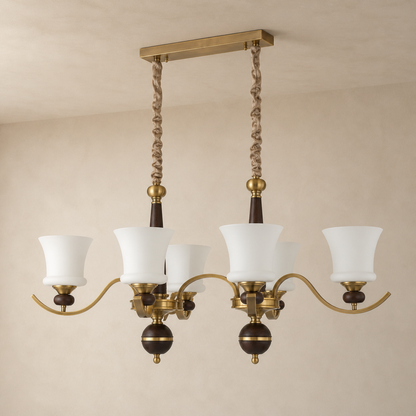 Brontelle Opal Glass, Antique Brass and Ash Wood Linear Chandelier