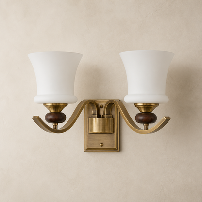 Brontelle Opal Glass, Antique Brass and Ash Wood Wall Sconce