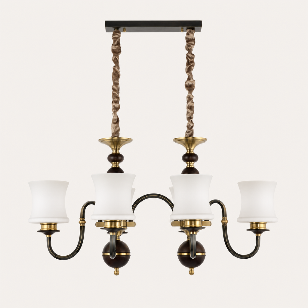 
Ebonelle Opal Glass, Blackened Brass and Ash Wood Linear Chandelier