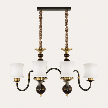 Ebonelle Opal Glass, Blackened Brass and Ash Wood Linear Chandelier