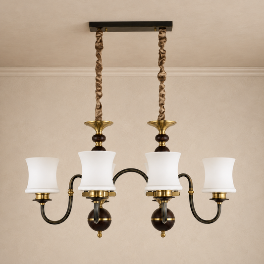 
Ebonelle Opal Glass, Blackened Brass and Ash Wood Linear Chandelier