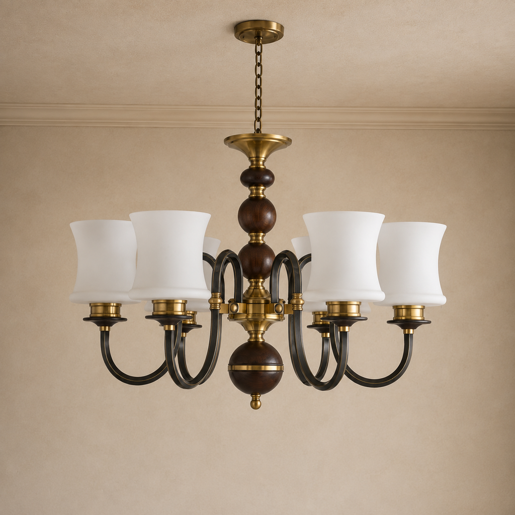 
Ebonelle Opal Glass, Blackened Brass and Ash Wood Chandelier