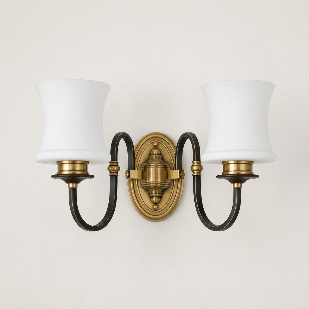 
Ebonelle Opal Glass, Blackened Brass and Antique Brass Wall Sconce