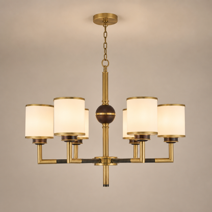 Orseline Opal Glass, Brass and Ash Wood Chandelier