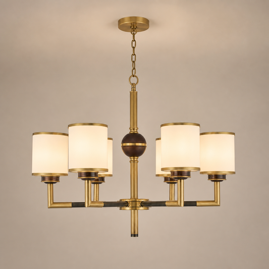 
Orseline Opal Glass, Brass and Ash Wood Chandelier
