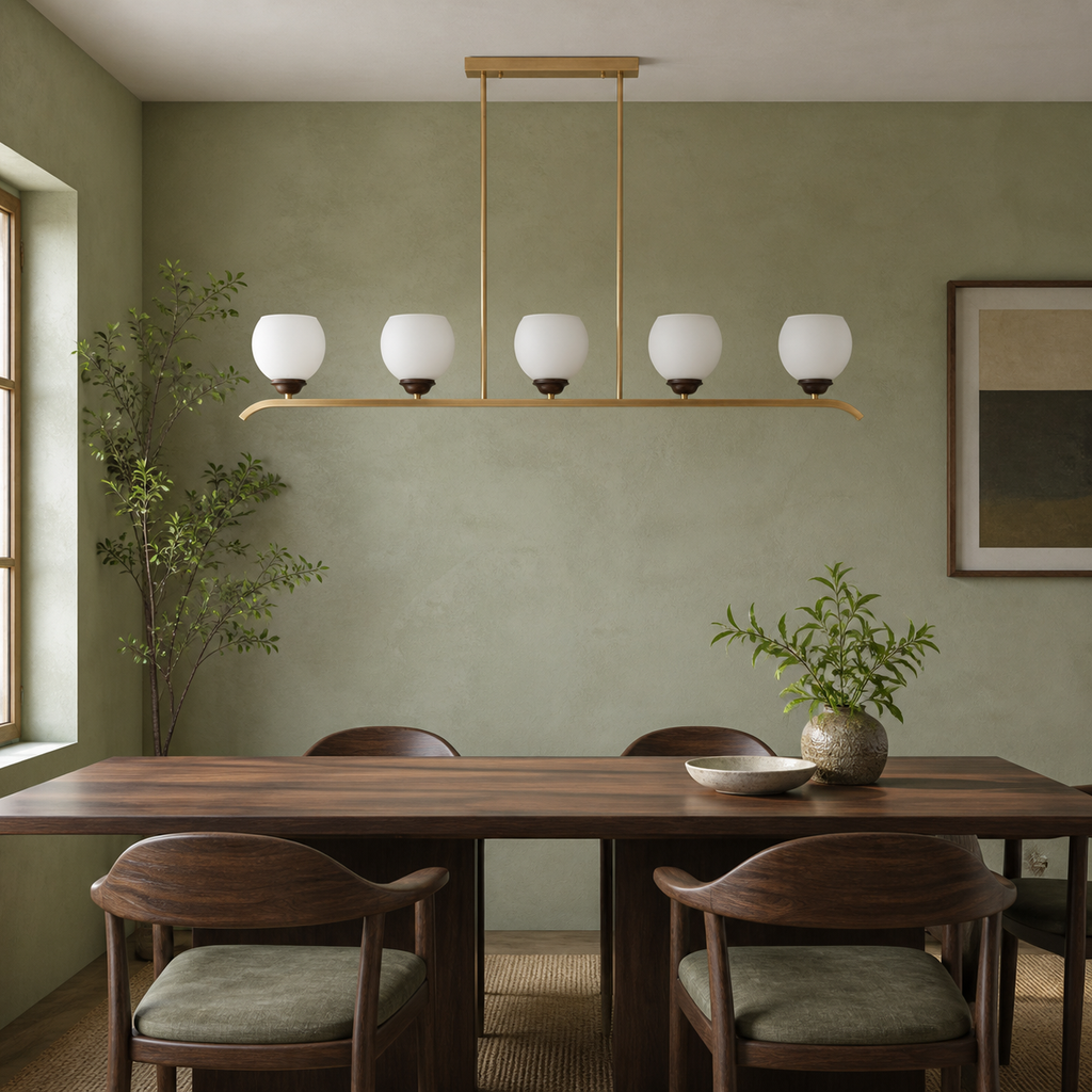 
Avelune Opal Globe, Copper and Ash Wood Linear Chandelier