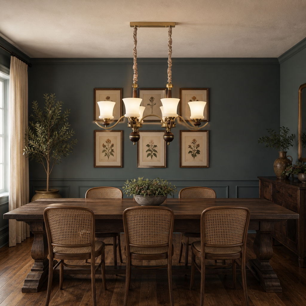 
Brontelle Opal Glass, Antique Brass and Ash Wood Linear Chandelier