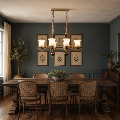 Brontelle Opal Glass, Antique Brass and Ash Wood Linear Chandelier