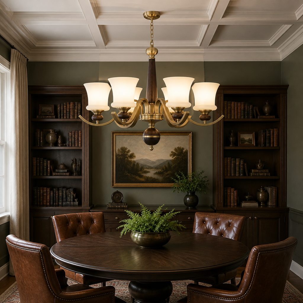 
Brontelle Opal Glass, Antique Brass and Ash Wood Chandelier