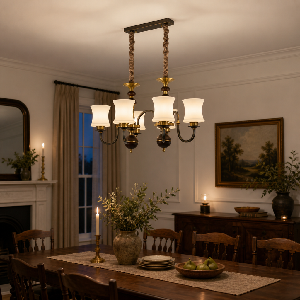 
Ebonelle Opal Glass, Blackened Brass and Ash Wood Linear Chandelier
