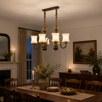 Ebonelle Opal Glass, Blackened Brass and Ash Wood Linear Chandelier