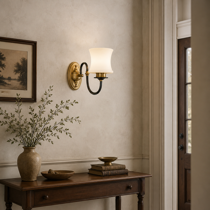 Ebonelle Opal Glass, Blackened Brass and Antique Brass Wall Sconce
