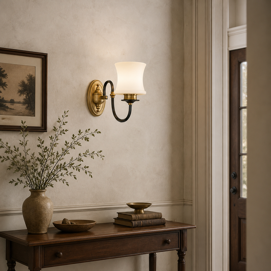 
Ebonelle Opal Glass, Blackened Brass and Antique Brass Wall Sconce