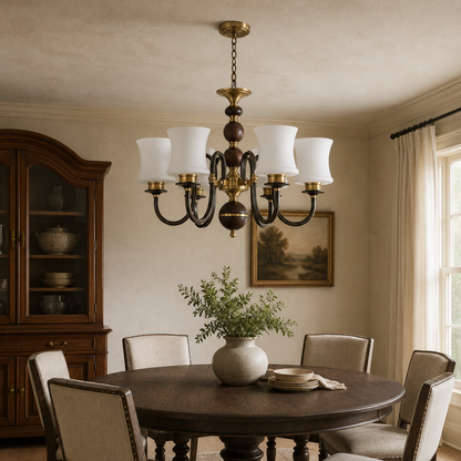 Ebonelle Opal Glass, Blackened Brass and Ash Wood Chandelier