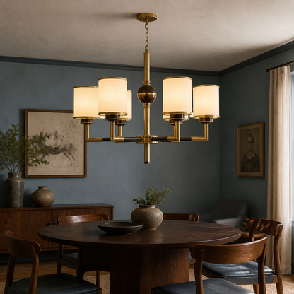 Orseline Opal Glass, Brass and Ash Wood Chandelier