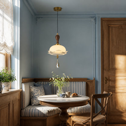 Valloren Ribbed Glass and Walnut Pendant Light