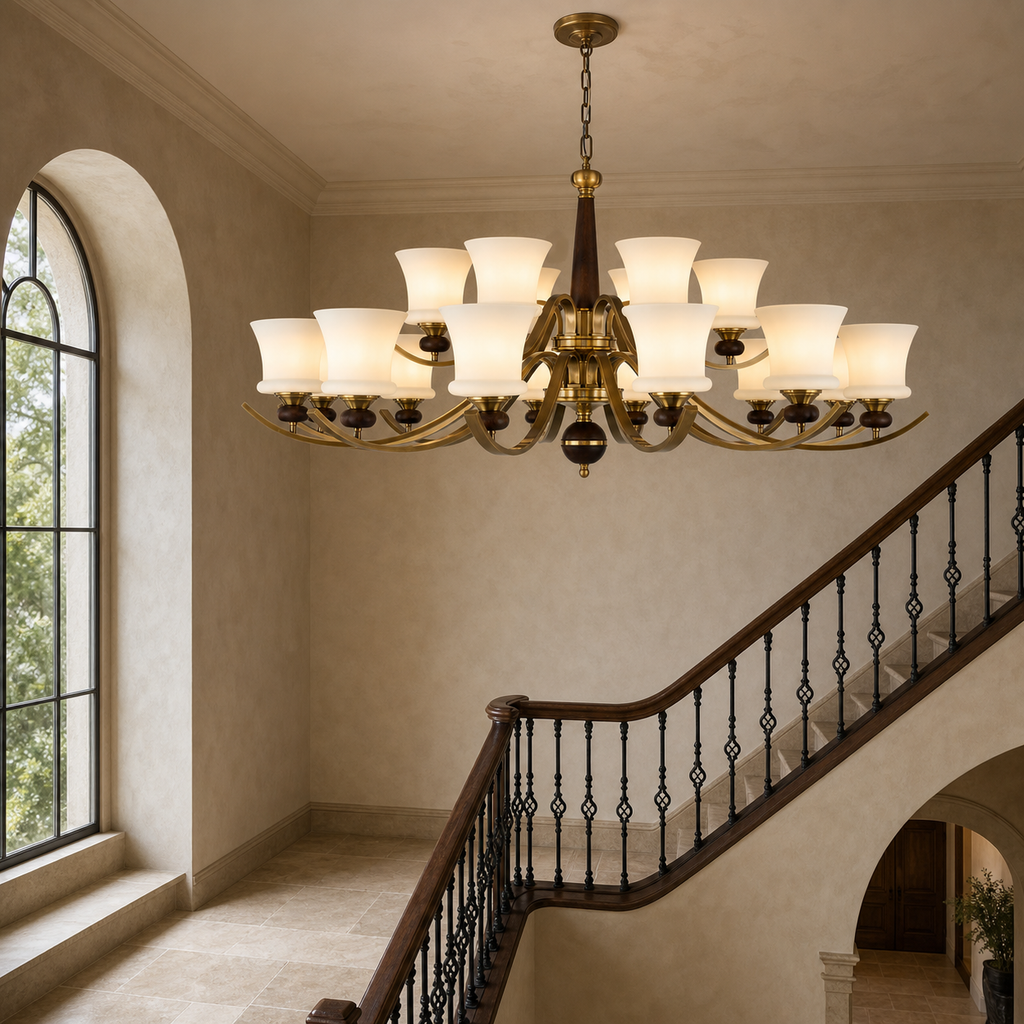 
Brontelle Opal Glass, Antique Brass and Ash Wood Chandelier