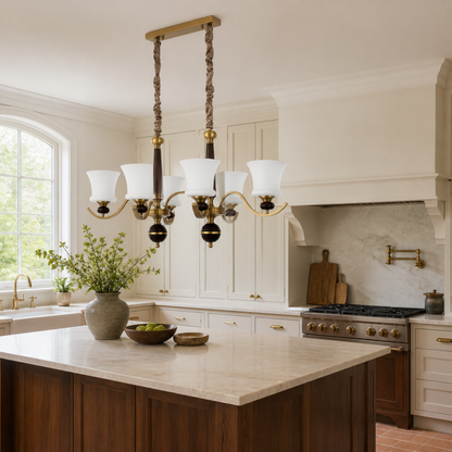 Brontelle Opal Glass, Antique Brass and Ash Wood Linear Chandelier