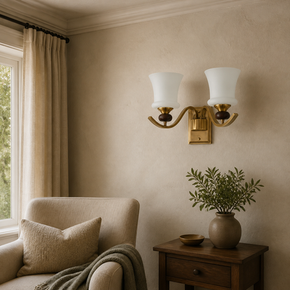 Brontelle Opal Glass, Antique Brass and Ash Wood Wall Sconce