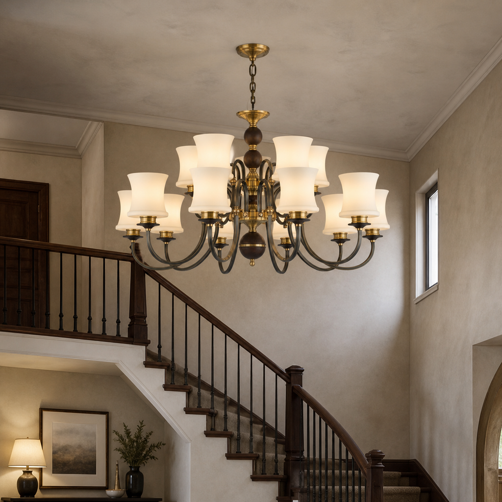 
Ebonelle Opal Glass, Blackened Brass and Ash Wood Chandelier