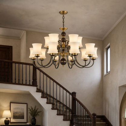 Ebonelle Opal Glass, Blackened Brass and Ash Wood Chandelier