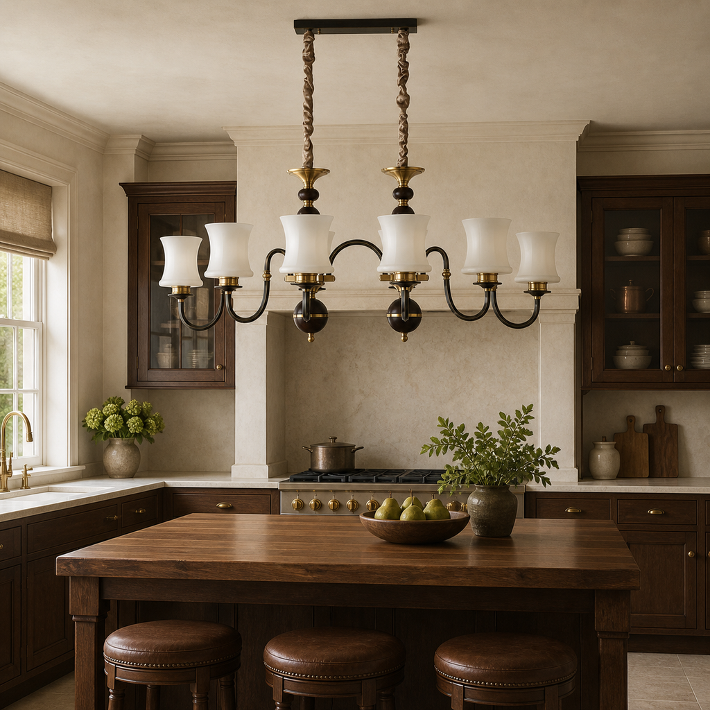 
Ebonelle Opal Glass, Blackened Brass and Ash Wood Linear Chandelier