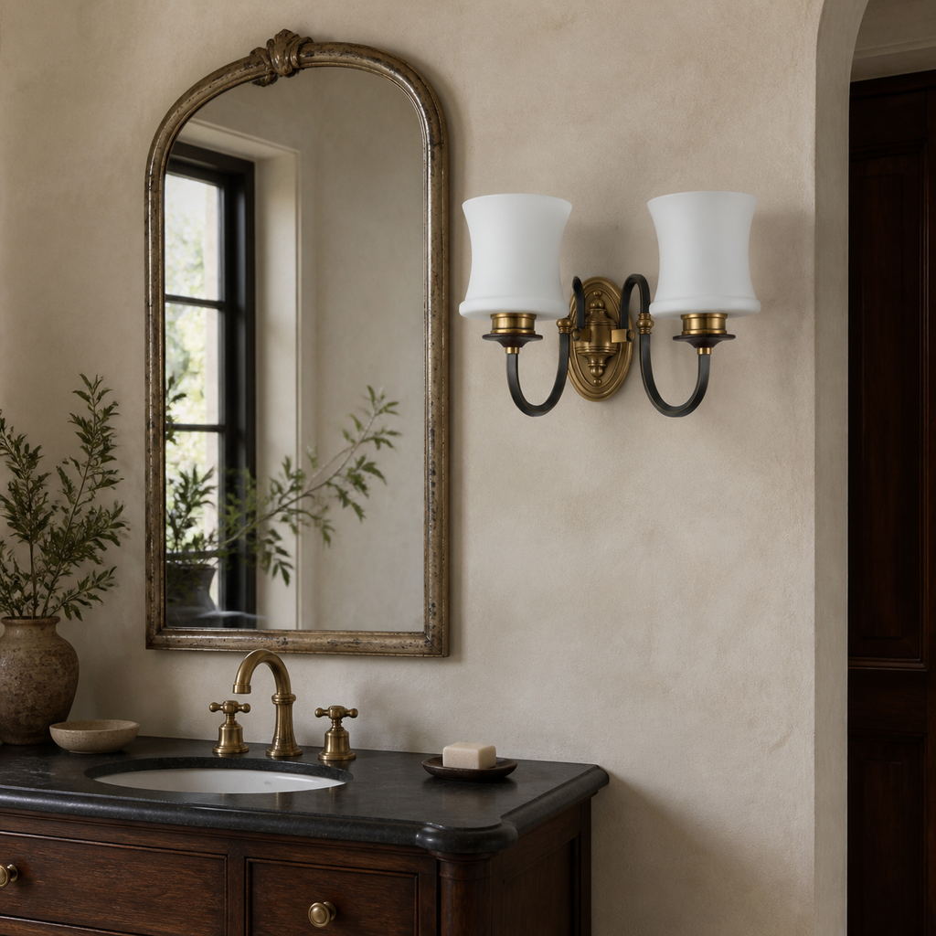 
Ebonelle Opal Glass, Blackened Brass and Antique Brass Wall Sconce