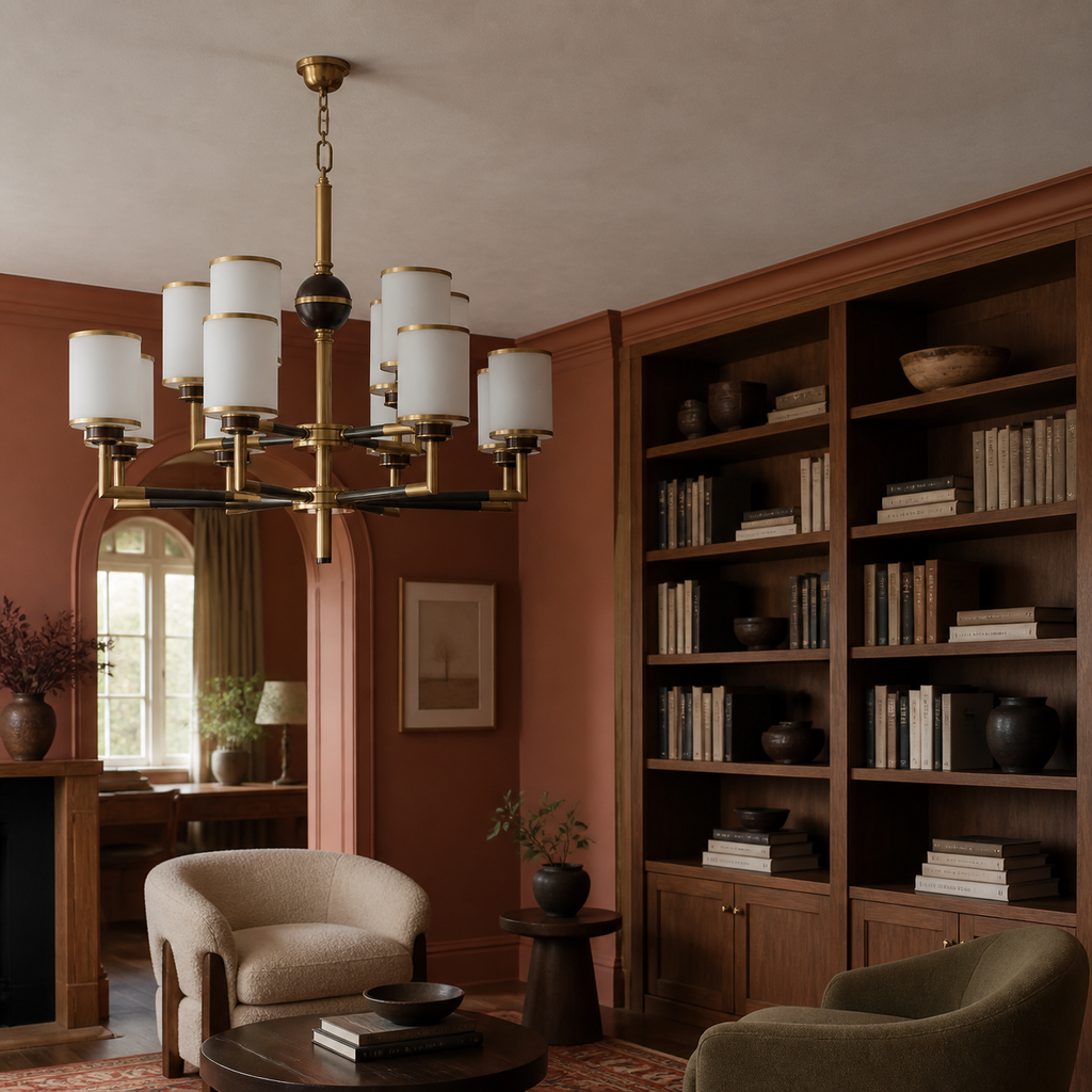 
Orseline Opal Glass, Brass and Ash Wood Chandelier