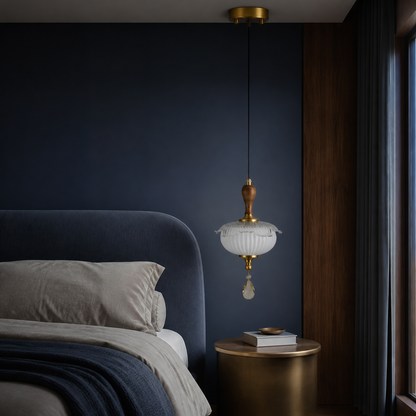 Valloren Ribbed Glass and Walnut Pendant Light