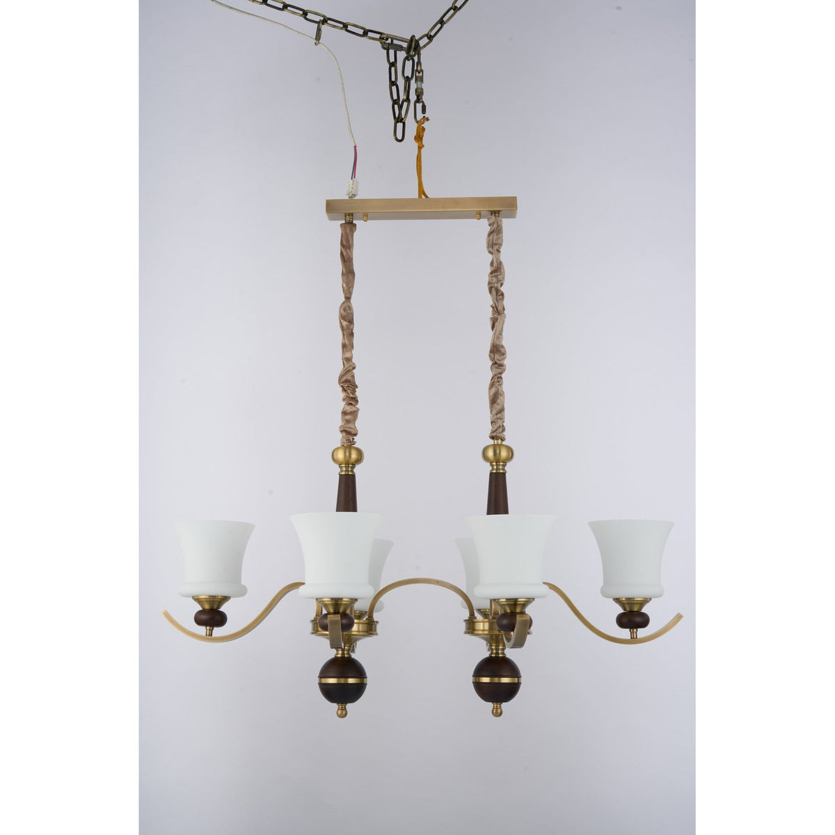 
Supplier real photograph of the unlit Brontelle six-light linear chandelier complete front view