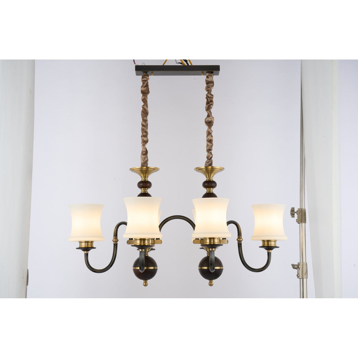 
Ebonelle Opal Glass, Blackened Brass and Ash Wood Linear Chandelier