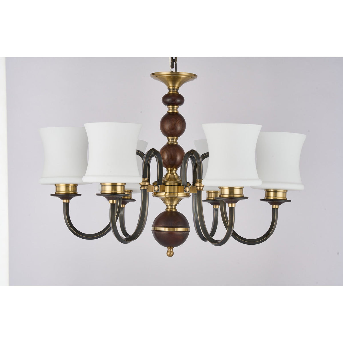 Supplier real photograph of the unlit Ebonelle six-light chandelier complete front view