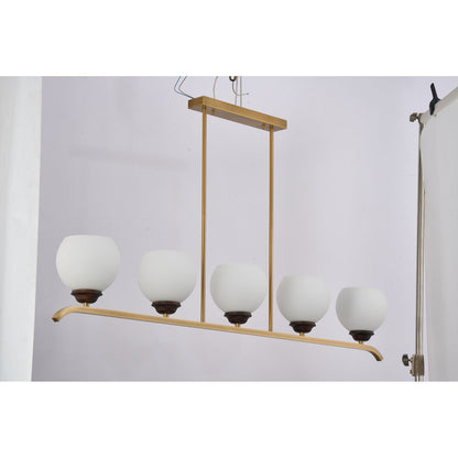 Supplier real photograph of the unlit Avelune five-light linear chandelier complete front view