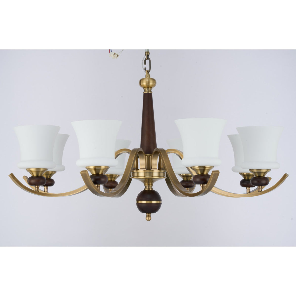 
Supplier real photograph of the unlit Brontelle eight-light chandelier complete front view