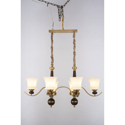 Brontelle Opal Glass, Antique Brass and Ash Wood Linear Chandelier