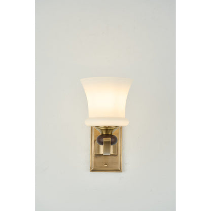 Brontelle Opal Glass, Antique Brass and Ash Wood Wall Sconce
