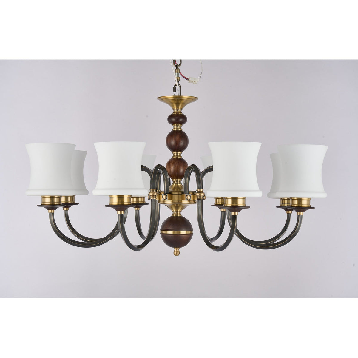 
Supplier real photograph of the unlit Ebonelle eight-light chandelier complete front view