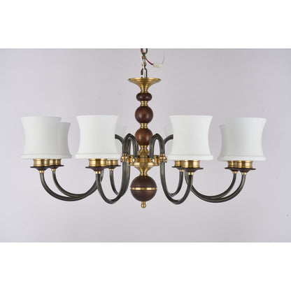 Supplier real photograph of the unlit Ebonelle eight-light chandelier complete front view