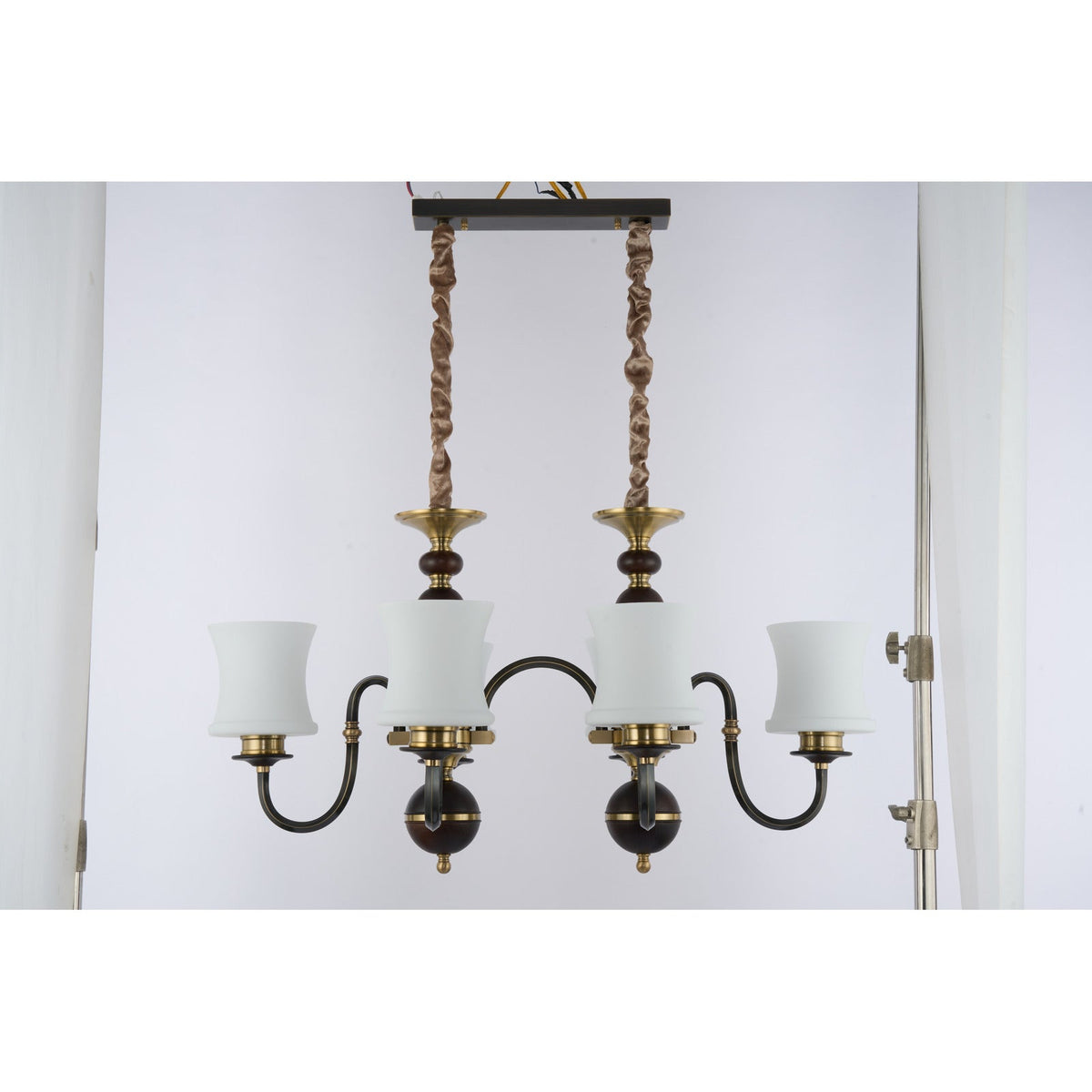 
Supplier real photograph of the unlit Ebonelle six-light linear chandelier complete front view