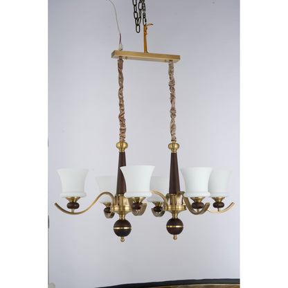 Brontelle Opal Glass, Antique Brass and Ash Wood Linear Chandelier