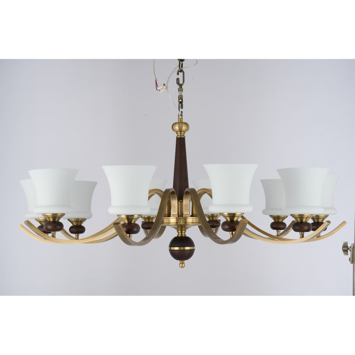 
Supplier real photograph of the unlit Brontelle ten-light chandelier complete front view