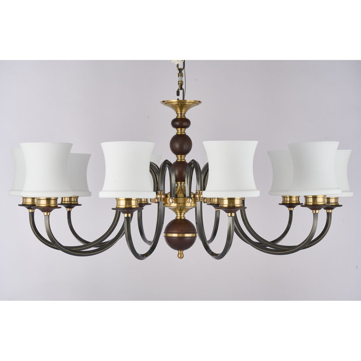 
Supplier real photograph of the unlit Ebonelle ten-light chandelier complete front view